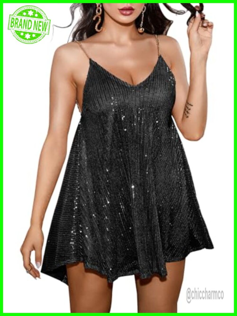 Sequin V Neck Backless Spaghetti Strap Mini Party Dress